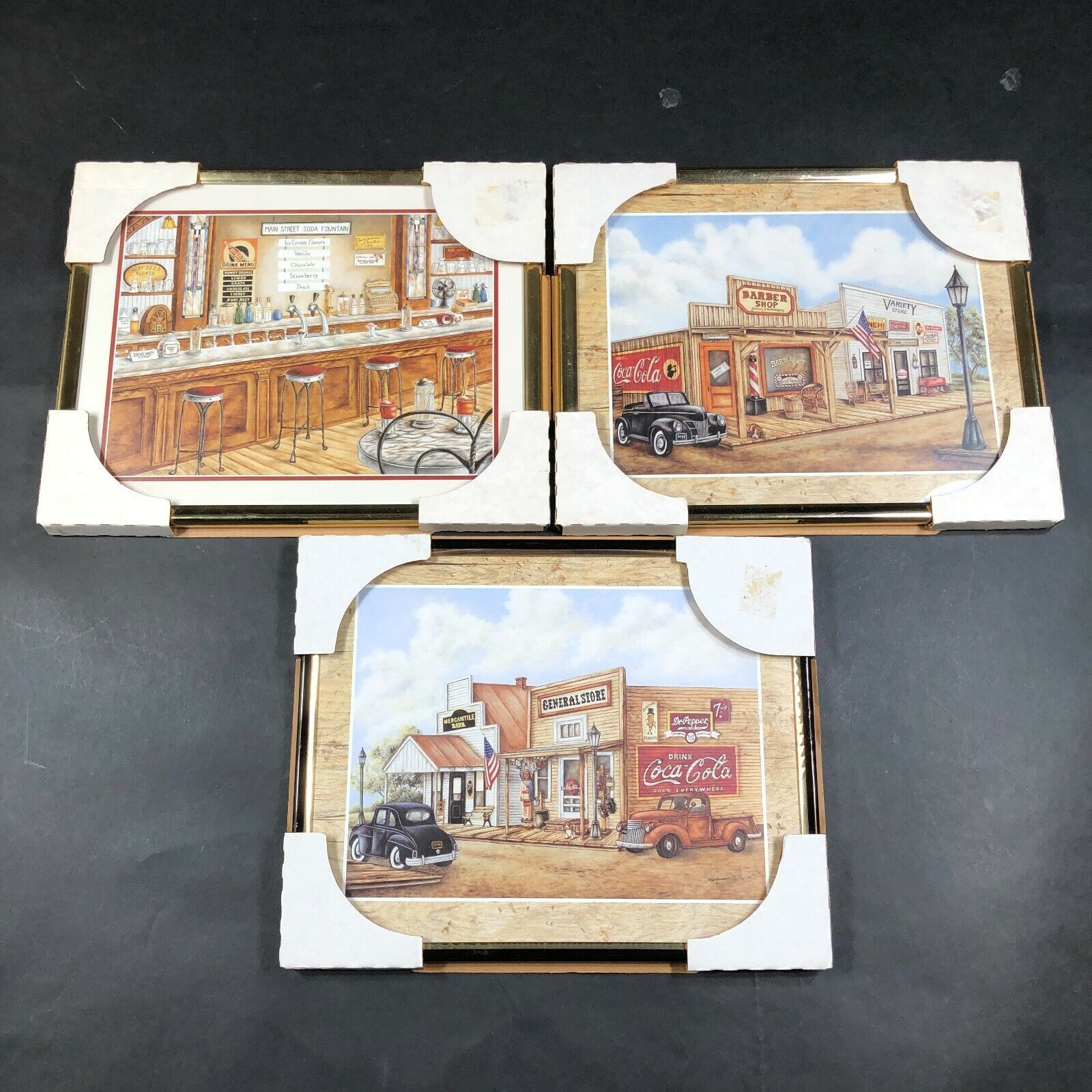 NEW Lot of 3 Coca-Cola Paintings Prints Soda Fountain General Store 10" x 8" 40s - £74.73 GBP