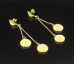 925 Silver - Vintage Enamel Leaf &amp; Lemon Slices Dangle Earrings - EG11916 - £55.56 GBP