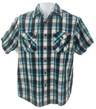 Beverly Hills Polo Club Man&#39;s Shirt Plaid Black Blue Short Sleeves Cotto... - £7.73 GBP