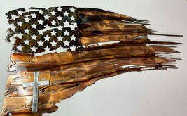 Tattered &amp; Torn American Flag - Metal Wall Art - 22&quot; x 12&quot;  with Silver Cross - £59.78 GBP