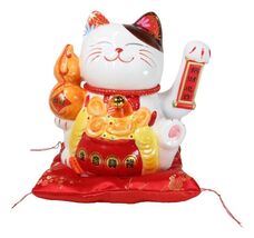 Japanese Lucky Charm White Beckoning Cat Maneki Neko With Waving Arm Sta... - $55.99