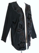 Chicos Travelers Knit Open Jacket 2 Black w Brown Velvet &amp; Lace Applique Elegant - £19.74 GBP