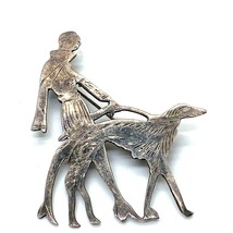 Vintage Signed Sterling Silver Art Deco Lady Walking with Leash Dog Broo... - £43.42 GBP
