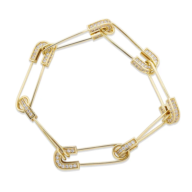  Safety Pin Link Chain Bracelet AAA+ Cubic Zirconia Pin Bracelet Minimalism Wome - £41.72 GBP