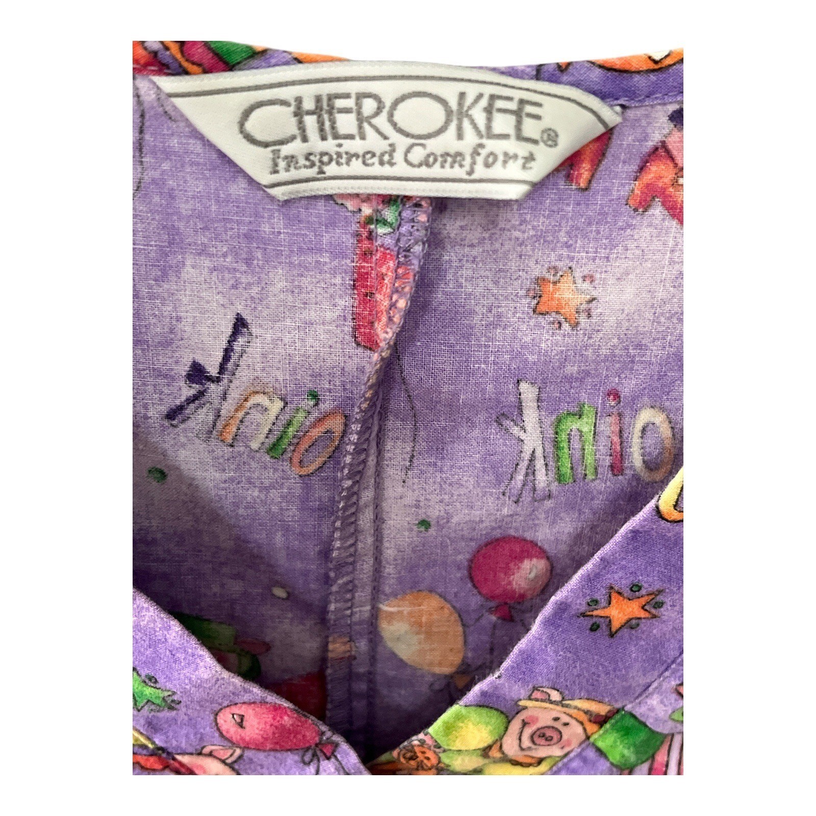 Cherokee Inspired Comfort Women’s Scrub Top – Purple Pig Clown Balloon Print Siz Item image 2