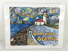 Starry Night Seattle Alki Point Lighthouse Leo Signed 8.5&quot; X 11&quot; Space Needle  - £19.46 GBP