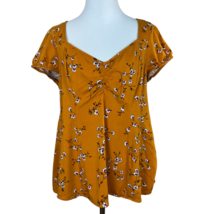 Torrid 00 Top Womens M/L Mustard Floral Short Sleeve V-Neck Babydoll Summer - £14.92 GBP