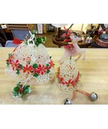 Vintage Mid Century Modern Mesh Plastic Christmas Bells Reindeer Holly F... - £23.28 GBP