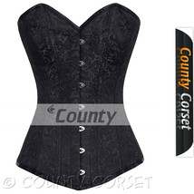 Long Torso Steel Boned Overbust Bustier Back Lacing Black Brocade Corset Korset - $70.98