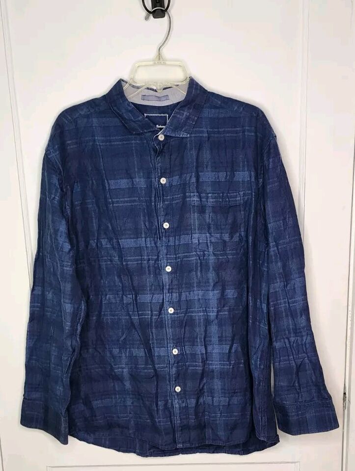 Tommy Bahama Linen Blend Shirt Mens Size XL L/S Blue Plaid Lagenlook Coa... - $11.75
