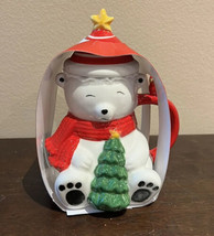Cute Snowman Coffee Tea mug &amp; Lid Topper Christmas Tree Gift Nwt Red Car... - £18.02 GBP
