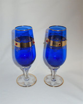 Czech Bohemian Blue Gold Jeweled Champagne Glasses Vintage Set of 2 - £67.26 GBP