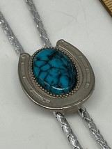 Vintage BOLO TIE Western Style Silvertone w/ Turquoise Stone  in Horseshoe - £15.25 GBP