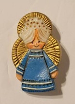 Vintage 1970s Hallmark Angel with Blue Dress Gold Wings Plastic Lapel Pin Brooch - £27.93 GBP