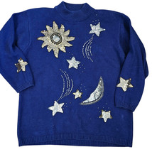 VTG Blue Chunky Sweater Celestial Sun Moon Stars Beaded Sequins Gold Sz ... - £29.80 GBP