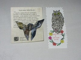 Yuzen Paper Butterfly Origami Pin Brooch &amp; Quilled Owl Vtg Hand Crafted - £20.28 GBP