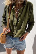 Jungle Green Crinkle Textured Button Up Long Sleeve Shirt - £30.11 GBP