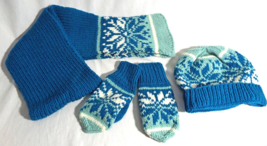 Handmade Youth Knit Hat and Scarf Set in Blue Ivory Light Green - £19.50 GBP