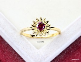 Red Flower Garnet Ring, 14K Gold/Yellow Gold Plated Silver Rings, Round cut - £23.12 GBP