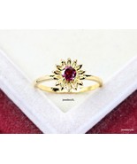 Red Flower Garnet Ring, 14K Gold/Yellow Gold Plated Silver Rings, Round cut - £22.98 GBP