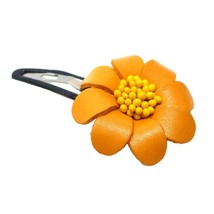 Stylish and Chic Yellow Orange Flower Genuine Leather Barrette Hair Clip - £6.64 GBP