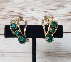 Vintage Clip On Earrings - Gold Tone &amp; Green Gems Statement 1 &amp; 3/8&quot; - £11.74 GBP