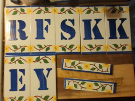 Lot 9 Blue &amp; White Ceramic Tiles With Lettering Foliage Floral  R F S K ... - $73.98 MXN