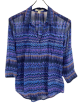 Vintage America Blues Women&#39;s Size M Top Blue Chevron Collared Button up Sheer - £9.08 GBP