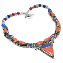 Red Coral Lapis Lazuli Gemstone Handmade Jewelry Necklace Nepali 18" SA 3641 - $23.99