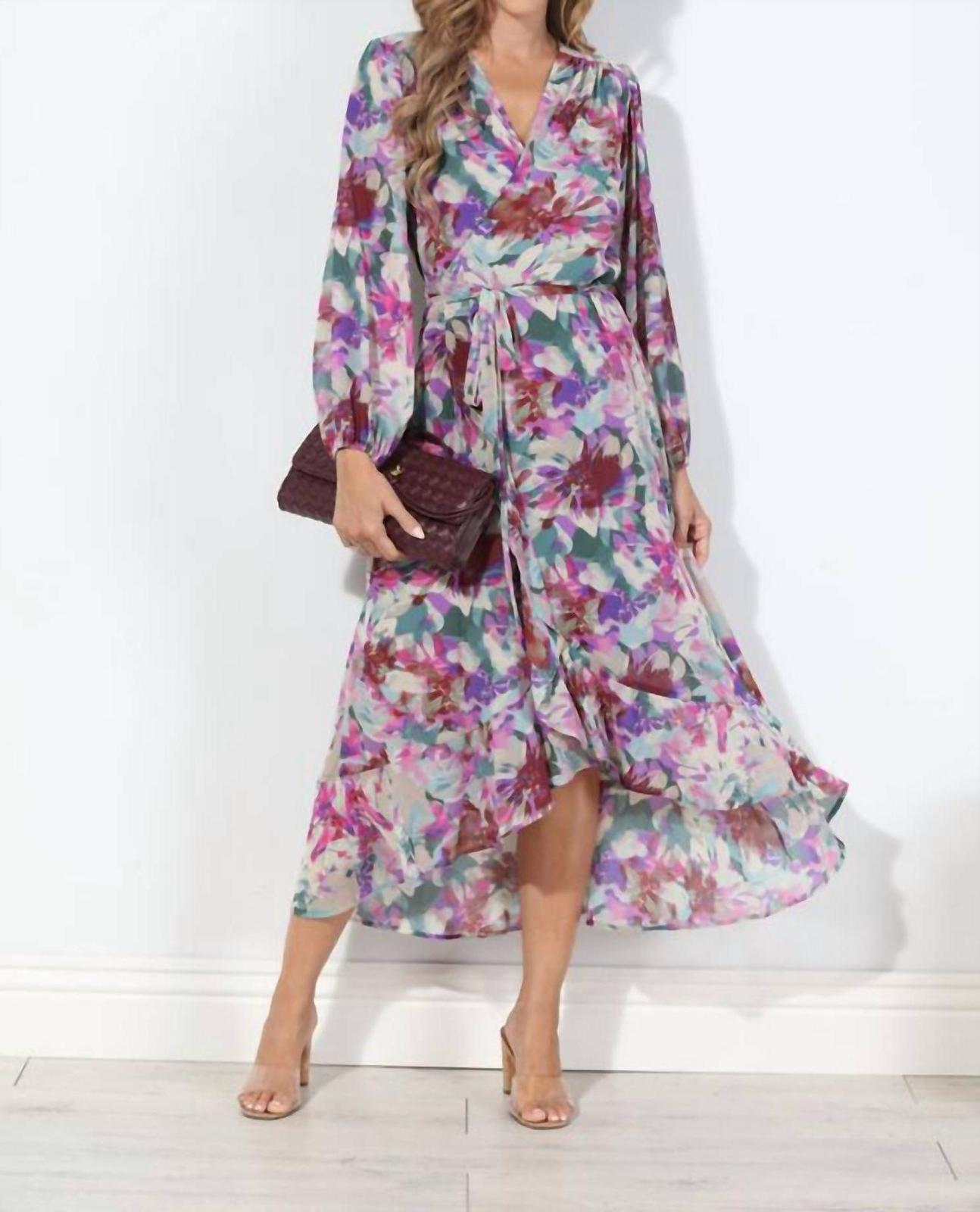 Veronica M Cassandra Chiffon Ruffle Wrap Dress Pink/purple Floral - $65.00