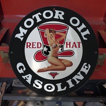 Vintage Red Hat Motor Engine Oil Gasoline Fuel Porcelain Gas &amp; Oil Pump Sign - £97.63 GBP