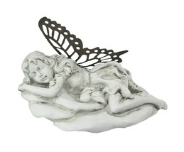 Antiqued White Sleeping Fairy Indoor Outdoor Statue With Rustic Metal Wings - £19.68 GBP