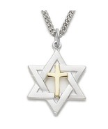 GOLD CENTER CROSS STERLING  SILVER STAR OF DAVID PENDANT CHARM NECKLACE - £110.93 GBP