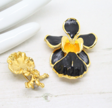 Vintage Signed RISIS Orchid Brooch Pendant 24K Gold Plated Black Enamel ... - $30.87