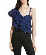 ALICE + OLIVIA Blue Black SABA Lace Ruffle One Shoulder Asymmetric Top S... - $521.38 CAD