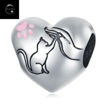 Genuine Sterling Silver 925 Love My Cat Kitten Paw Heart Charm For Bracelets - £16.67 GBP