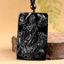 Real Authentic Black Jade Dragon and Guanyin Pendant Necklace, Nature A Grade Ja - £71.36 GBP