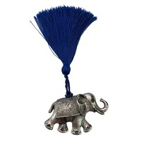 Vintage Silver-Tone Metal Elephant Trunk Up w/Blue Tassel - $222.50 MXN