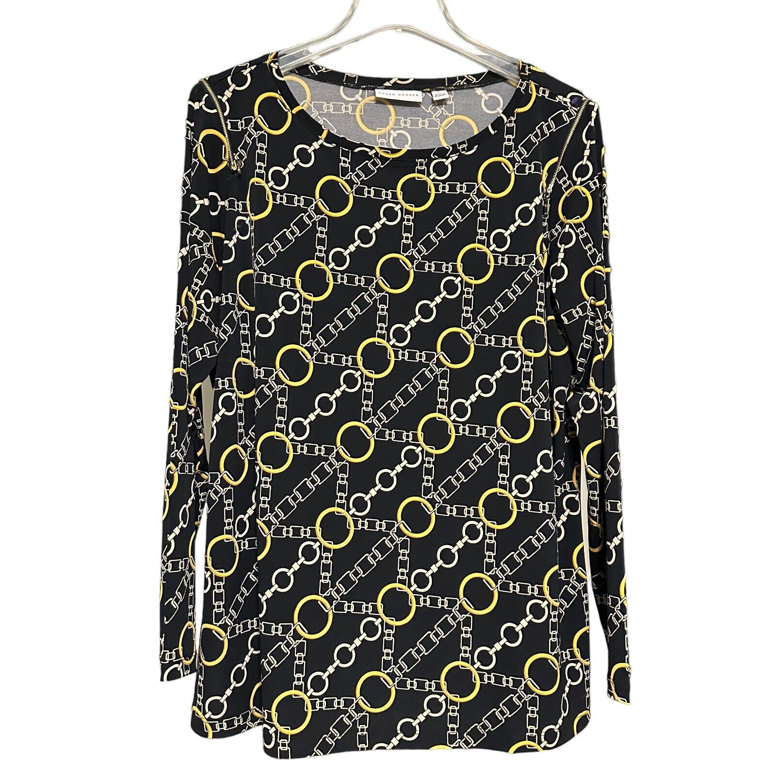 Primary image for Susan Graver Womens Top Tunic Black Large Chain Link Print Shoulder  Zipper