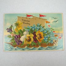 Antique 1911 Valentine Postcard Sailing Ship Flower Bouquet Germany Posted Ohio - £8.01 GBP