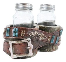 Rustic Western Cowboy Faux Leather Belt On Wood Salt Pepper Shakers Holder - £20.53 GBP