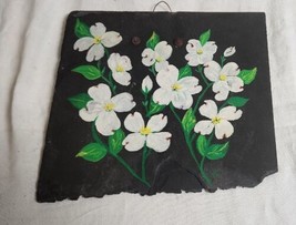 Vintage Hand Painted Roof Slate Dogwood Tree Blossom 11x10 Inch Wall Hanging Art - £21.64 GBP