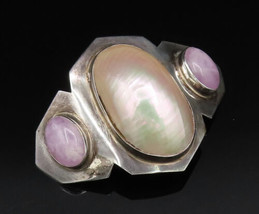 DESIGNER 925 Silver - Vintage Mother Of Pearl &amp; Purple Jade Brooch Pin -... - £85.66 GBP