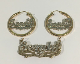 14k Two Tone Gold Sendy Nameplate With Matching Diamond Nameplate Hoop Earrings - £671.63 GBP