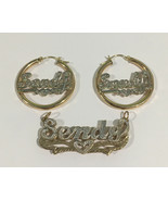 14k Two Tone Gold Sendy Nameplate With Matching Diamond Nameplate Hoop E... - $1,166.39 CAD