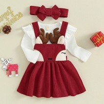 NEW Christmas Reindeer Corduroy Dress Bodysuit &amp; Headband Baby Girls Outfit Set - £9.58 GBP