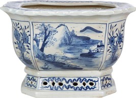 Foot Bath Planter Mountain Village Landscape Blue White Ceramic Han - £390.88 GBP