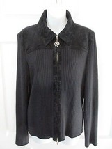 ST JOHN SPORT Ribbed Jacquard LS Zippered Sweater Top Med Black Wool Ray... - £55.91 GBP