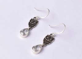 925 Silver Genuine White Topaz Pear Shape Women Handmade Dangle Drop Earrings - £28.46 GBP
