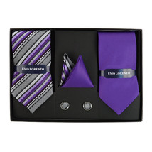 Striped &amp; Solid Tie with Matching Hanky &amp; Cufflinks - Purple - £14.20 GBP